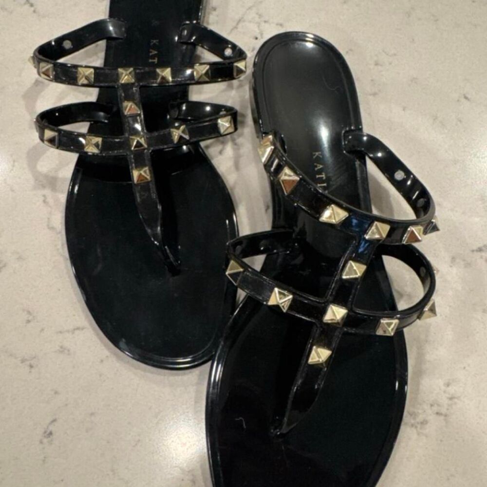 Kelly Katie Womens Black Jelly Studded T Strap Flat Sandals Shoes Size 7